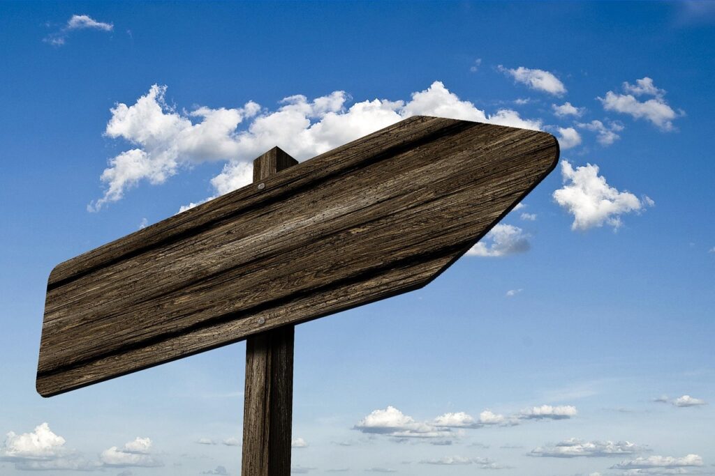 signpost, waypoint, nature, wood, grain, board, sign, direction, right, path, marking, arrow, heaven, clouds