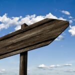 signpost, waypoint, nature, wood, grain, board, sign, direction, right, path, marking, arrow, heaven, clouds